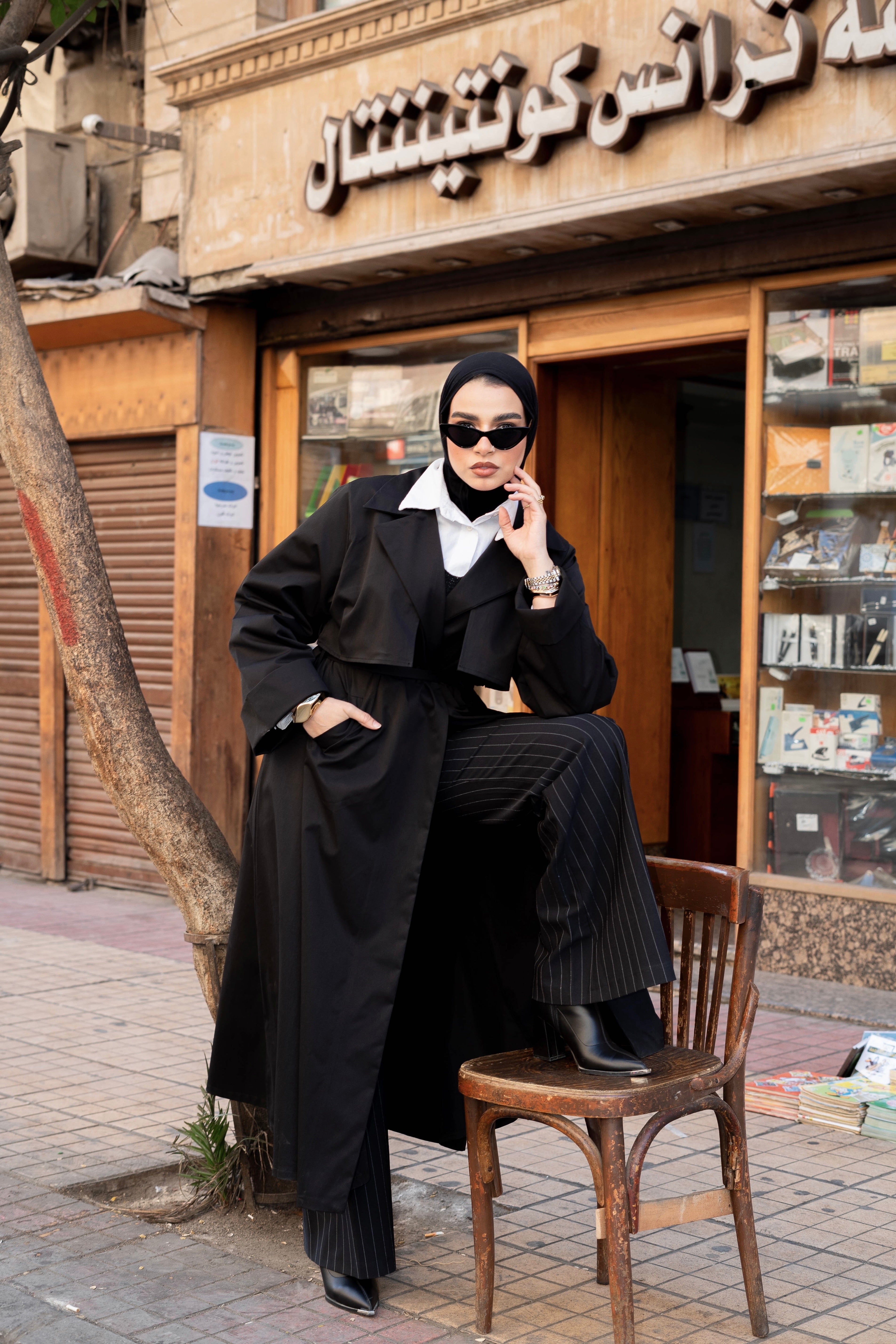 Black veil trench coat